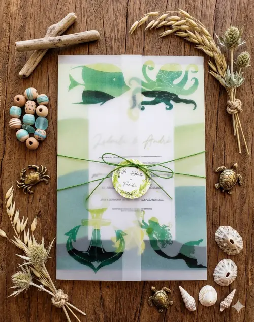 Convite Casamento papel vegetal  Animais Marinhos