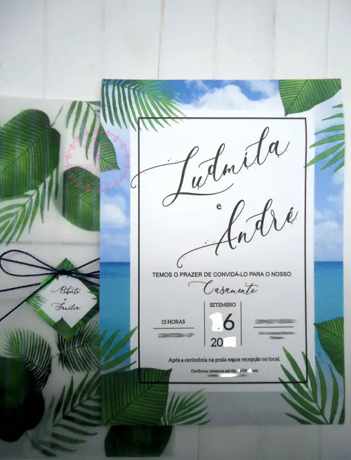 Convite de Casamento papel vegetal Praia Tropical