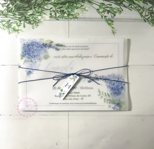 Convite de Casamento Hortênsias Azul Serenity e Papel Vegetal