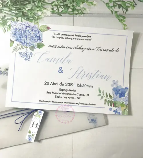 Convite de Casamento Hortênsias Azul Serenity e Papel Vegetal