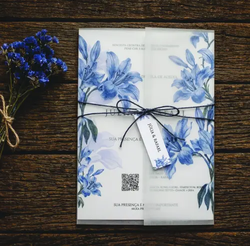 Convite de Casamento  Floral Azul com Envelope Vegetal