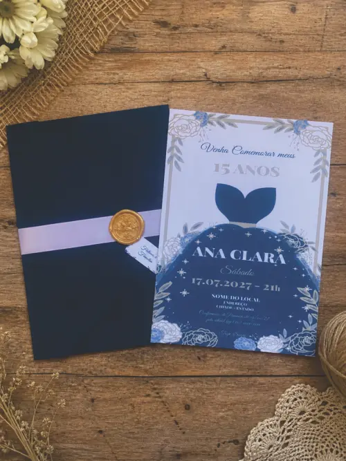 Convite 15 Anos Vestido Debutante Azul Marinho com Lacre de Cera