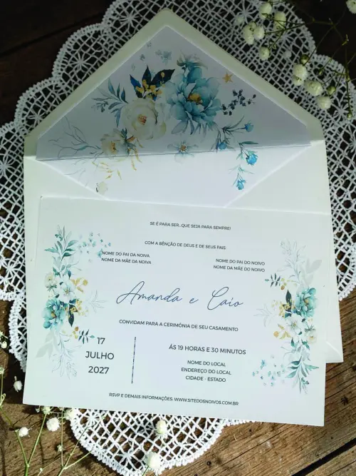 Convite de Casamento Azul Serenity e Dourado com Envelope Forrado