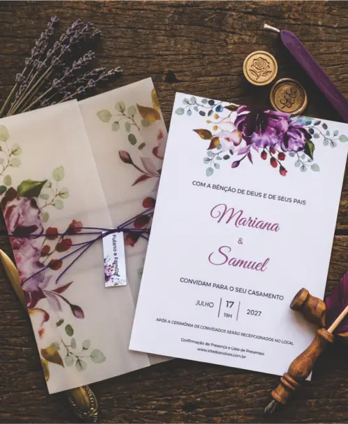 Convite de Casamento em Papel Vegetal Floral Roxo e Violeta