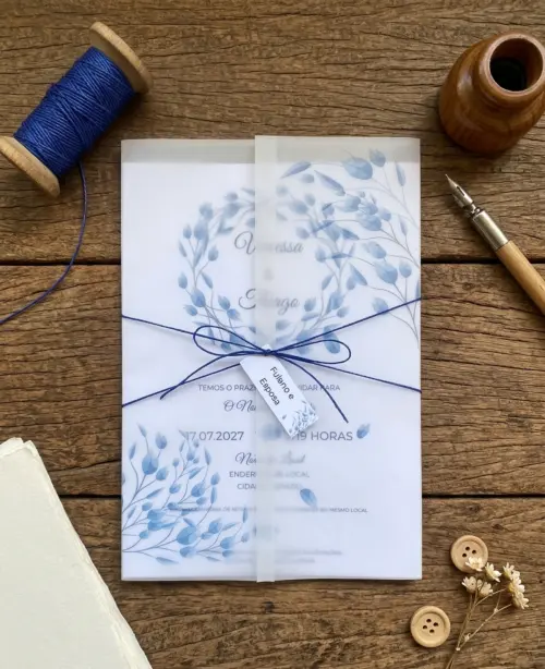 Convite de Casamento  Papel Vegetal Floral Azul Acinzentado