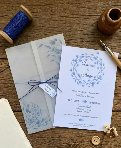 Convite de Casamento  Papel Vegetal Floral Azul Acinzentado