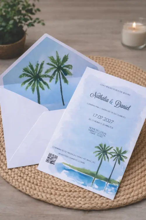 Convite de Casamento Praia e Coqueiros e Envelope Forrado
