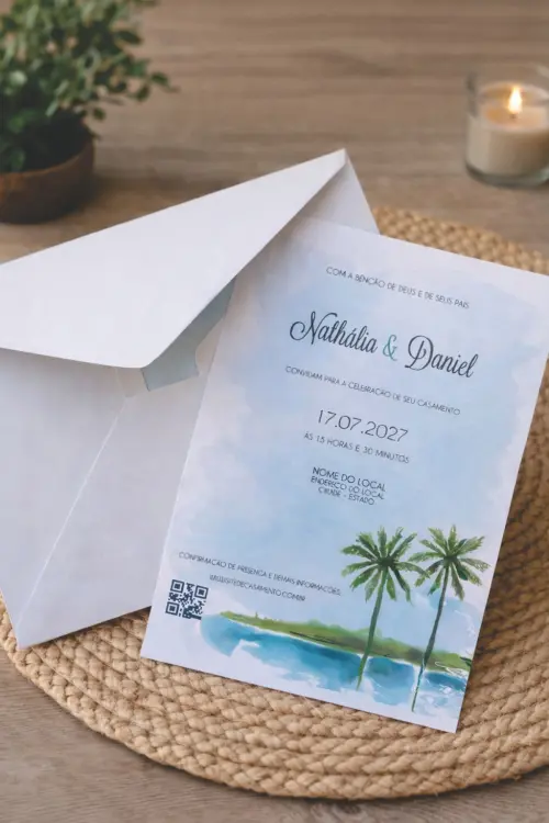 Convite de Casamento Praia e Coqueiros e Envelope Forrado