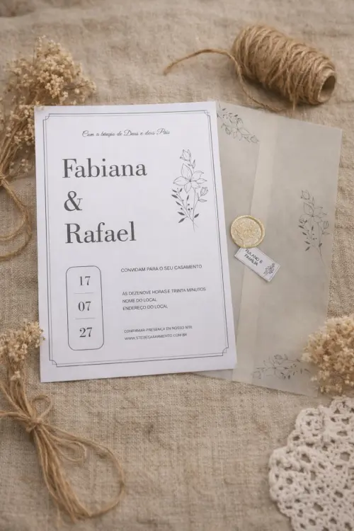 Convite de Casamento Preto e Branco Line Art Floral com Lacre de Cera
