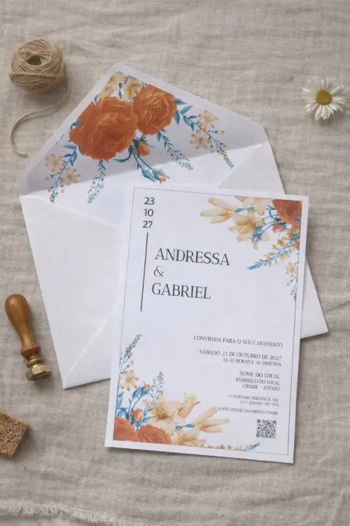 Convite de Casamento Terracota e Azul com Envelope Forrado