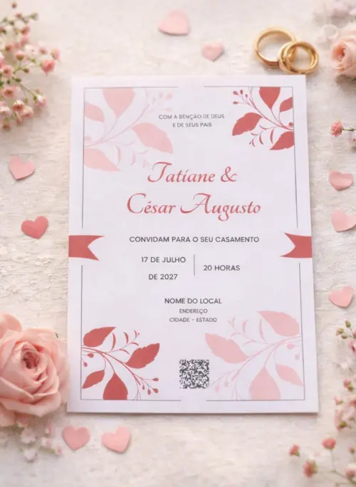 Convite de Casamento Floral Vermelho com Fita e Lacre de Cera