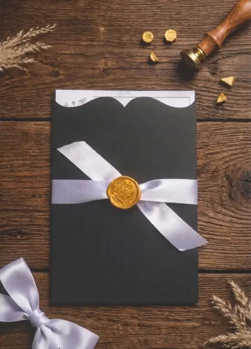 Convite de Casamento Moderno com Envelope Preto, Fita de Cetim e Lacre de Cera Dourado