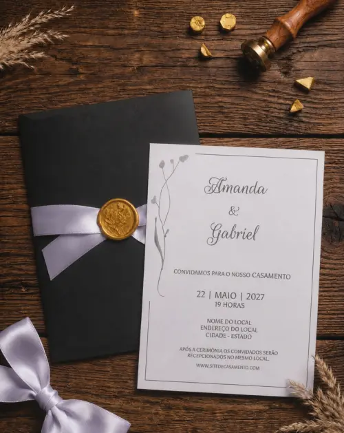 Convite de Casamento Moderno com Envelope Preto, Fita de Cetim e 