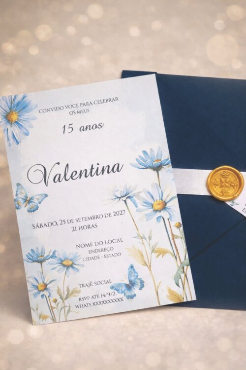 Convite de 15 Anos Azul Serenit, envelope Marinho, Fita de Cetim 