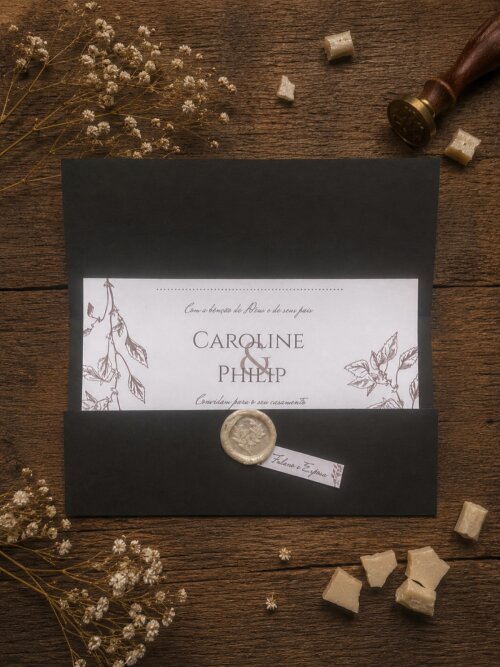 Convite de Casamento Floral Fine Art com Envelope Preto, Lacre de