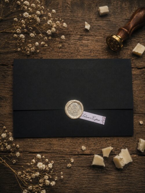 Convite de Casamento Floral Fine Art com Envelope Preto, Lacre de