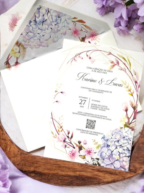 Convite de Casamento Floral Hortênsia com Envelope Forrado, Lacr