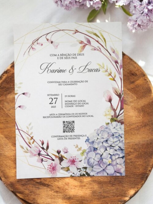 Convite de Casamento Floral Hortênsia com Envelope Forrado, Lacr