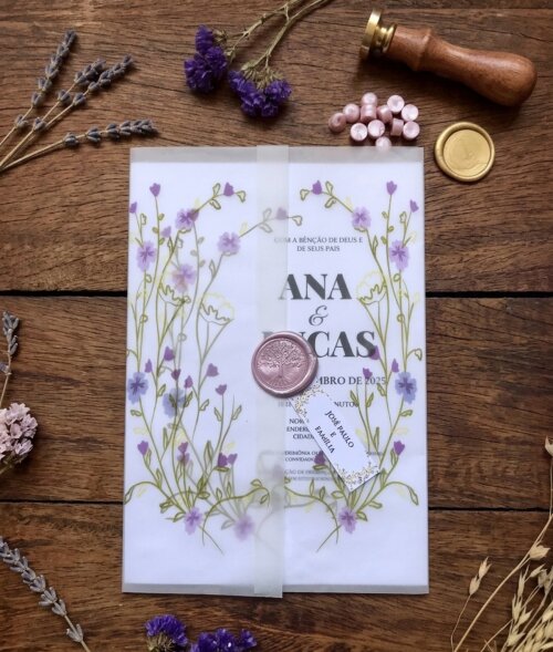 Convite de Casamento em Papel Vegetal Wildflower Lilás com Lacre