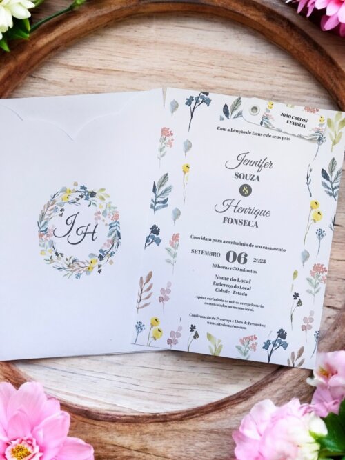 Convite de Casamento Flores do Campo com Envelope Luva e Tag Pers