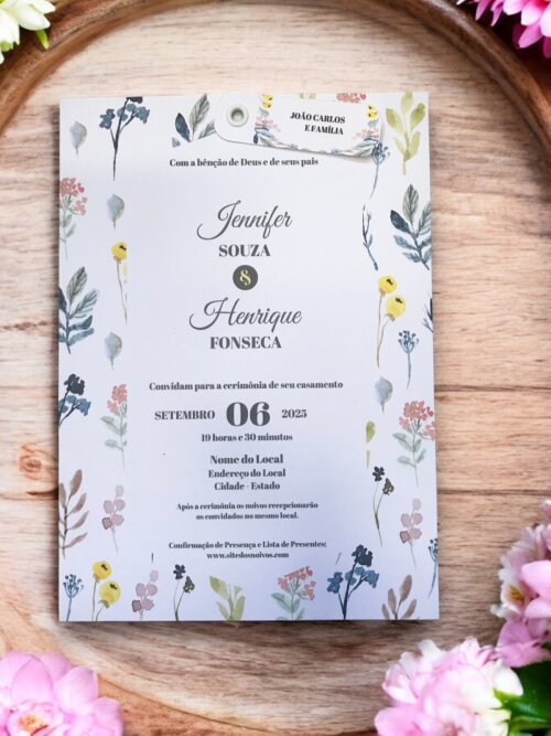 Convite de Casamento Flores do Campo com Envelope Luva e Tag Pers