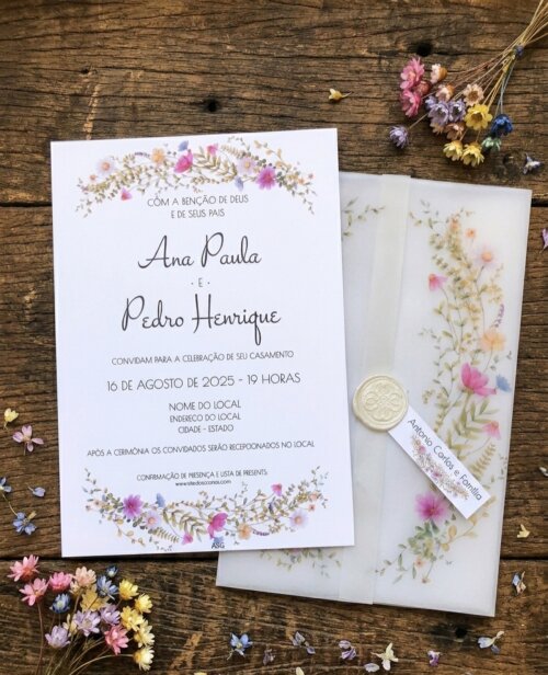 Convite de Casamento Wildflowers com Envelope de Papel Vegetal e 