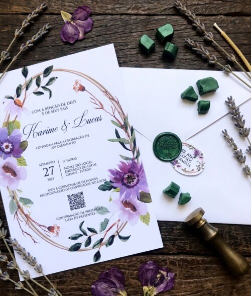 Convite de Casamento Floral Lilás Envelope Forrado, Lacre de Cera  e Tag