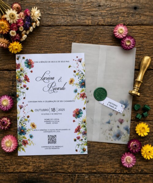 Convite de Casamento Wildflowers com Envelope de Papel Vegetal, L