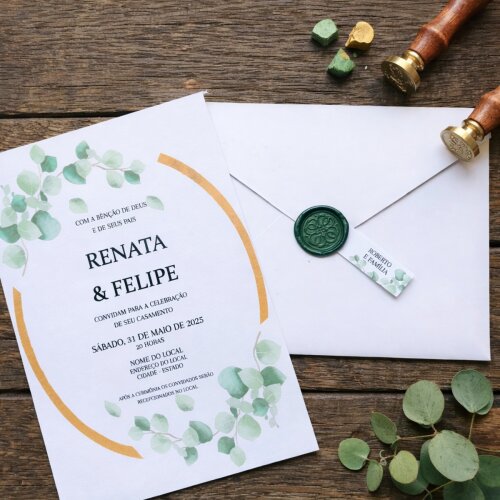 Convite de Casamento Eucalipto com Envelope Forrado e Lacre de Ce