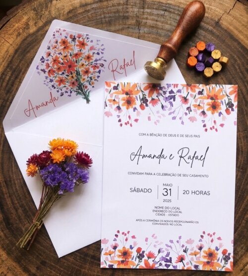 Convite de Casamento Floral Rústico com Lacre de Cera