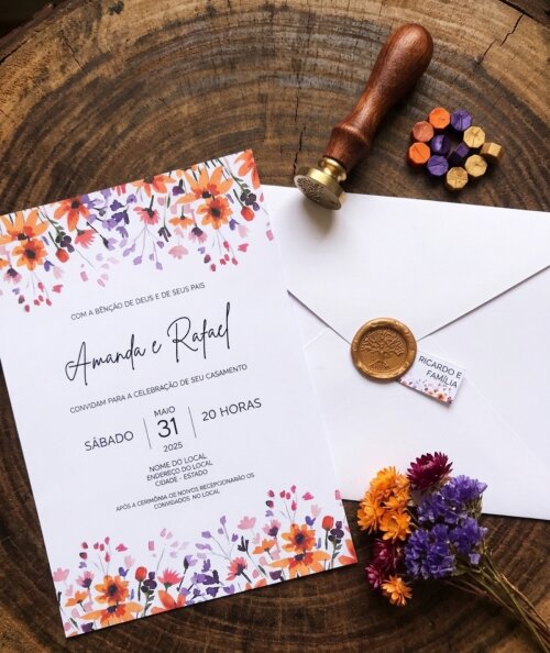 Convite de Casamento Rústico Floral Aquarela com Lacre de Cera