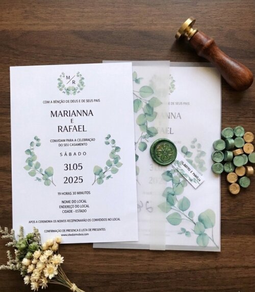 Convite de Casamento Eucalipto e Papel Vegetal |Lacos-Perfeitos