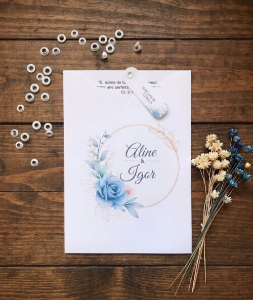 Convite de Casamento Azul Serenity com Ilhós |Convites-Laços-Pe