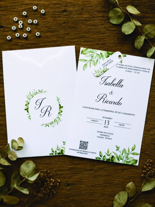 Convite de Casamento Verde Sage com Envelope Luva e Tag com Ilhós