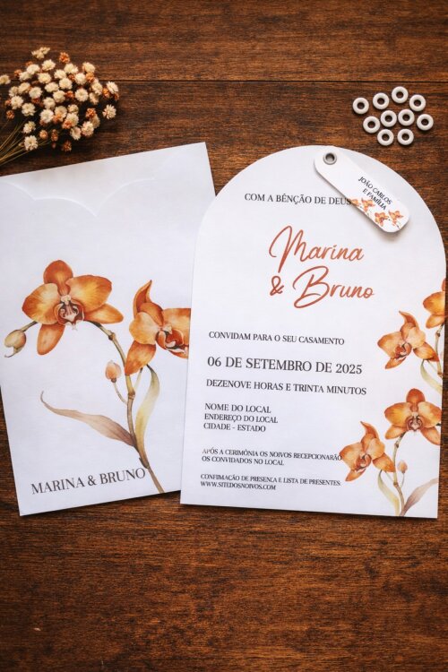 Convite de Casamento em Arco com Orquídeas Terracota, Envelope L