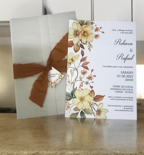 Convite de Casamento Floral Terracota e Fita Artesanal | [Laços