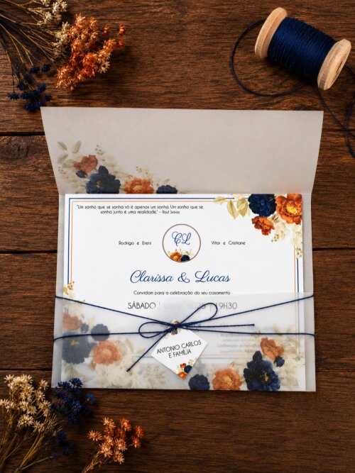 Convite de Casamento Floral Terracota e Azul Marinho com Envelope