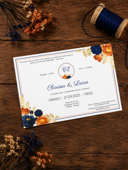 Convite de Casamento Floral Terracota e Azul Marinho com Envelope
