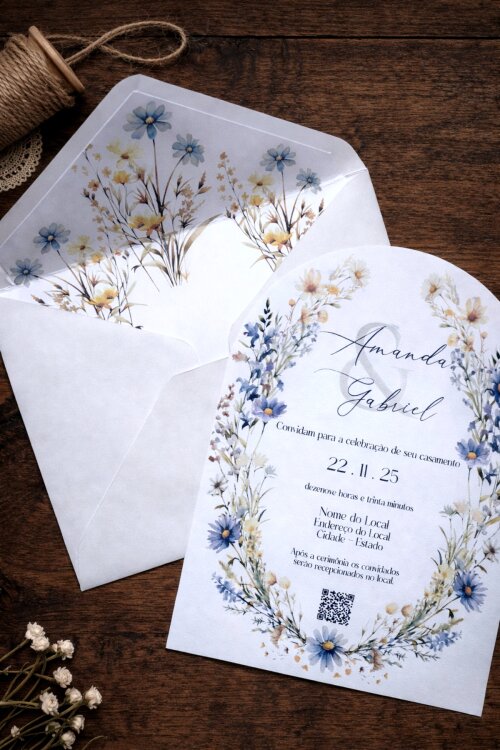 Convite de Casamento em Arco com Wildflowers Azuis com Envelope Forrado e Lacre de Cera