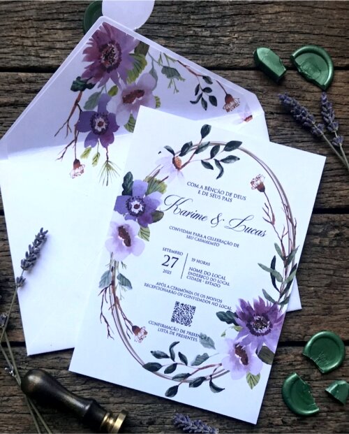 Convite de Casamento Floral Lilás Envelope Forrado, Lacre de Cer