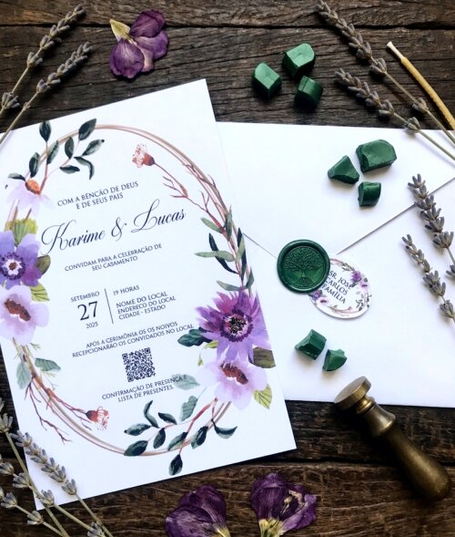 Convite de Casamento Floral Lilás Envelope Forrado, Lacre de Cera  e Tag