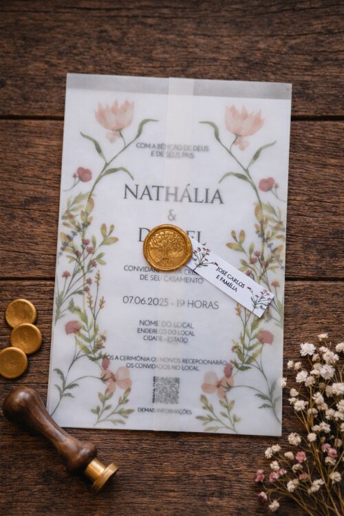 Convite de Casamento Translúcido floral Wildflower com Lacre de Cera