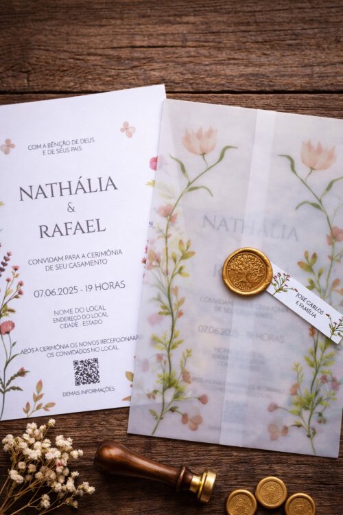 Convite de Casamento Translúcido floral Wildflower com Lacre de