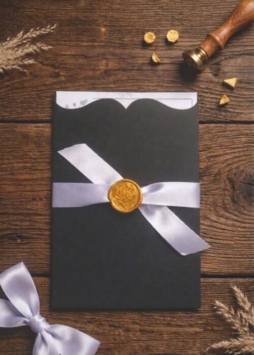 Convite de Casamento Moderno com Envelope Preto, Fita de Cetim e 