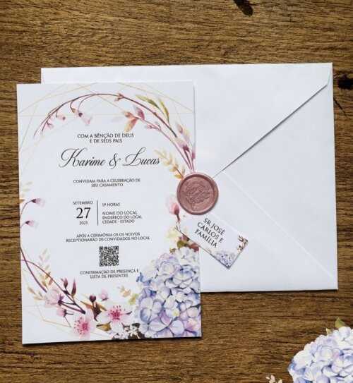 Convite de Casamento Floral Hortênsia com Envelope Forrado, Lacr