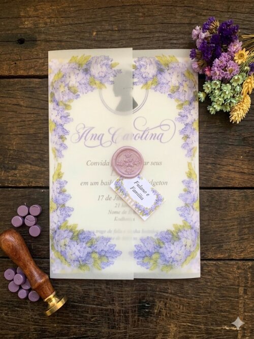 Convite 15 Anos Bridgerton Jornal Lady Whistledown com Lacre de Cera