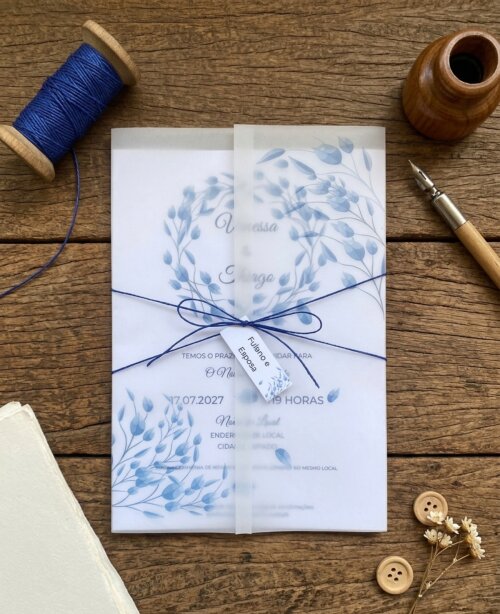 Convite de Casamento  Papel Vegetal Floral Azul Acinzentado