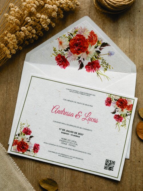 Convite Casamento Envelope forrado Floral Terracota