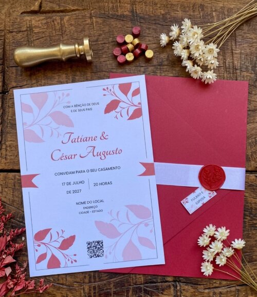 Convite de Casamento Floral Vermelho com Fita e Lacre de Cera