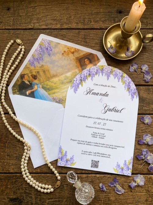 Convite de Casamento Bridgerton Formato Arco com Envelope Forrado